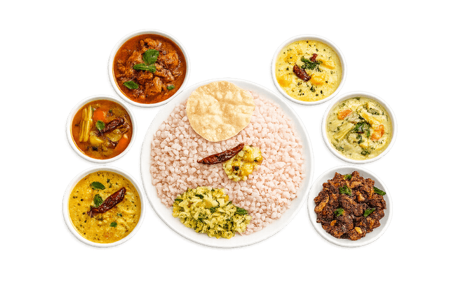 A Kerala rice meal with vegetarian side dishes
